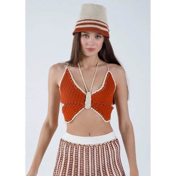My Beachy Side Crochet Beaded Butterfly Halter Top Flame Womens M/L - Picture 3 of 7